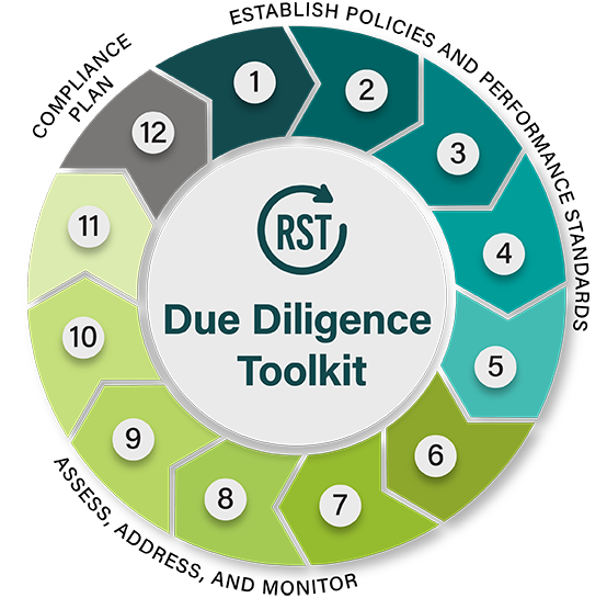 Due Diligence toolkit. The 12 tools are arranged in the shape of a circle, each numbered from 1 to 12. Establish Policies and Performance Standards (Tools 1 to 5). Assess, Address, and Monitor (Tools 6 to 11). Compliance Plan (Tool 12).